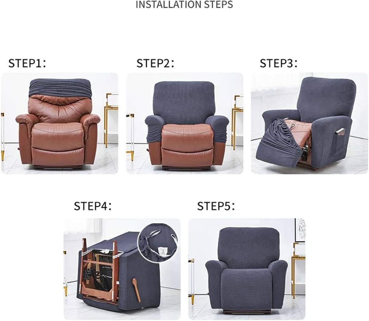 Recliner Cover for Living Room 4-Piece Stretch Recliner Couch Covers Jacquard Reclining Chair Slipcovers with Side Pocket, Soft Thick -Navy Blue