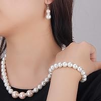 Vista 6 de Pink White Shell Pearl Handmade Earrings Necklace Bracelet Jewelry Set for Women