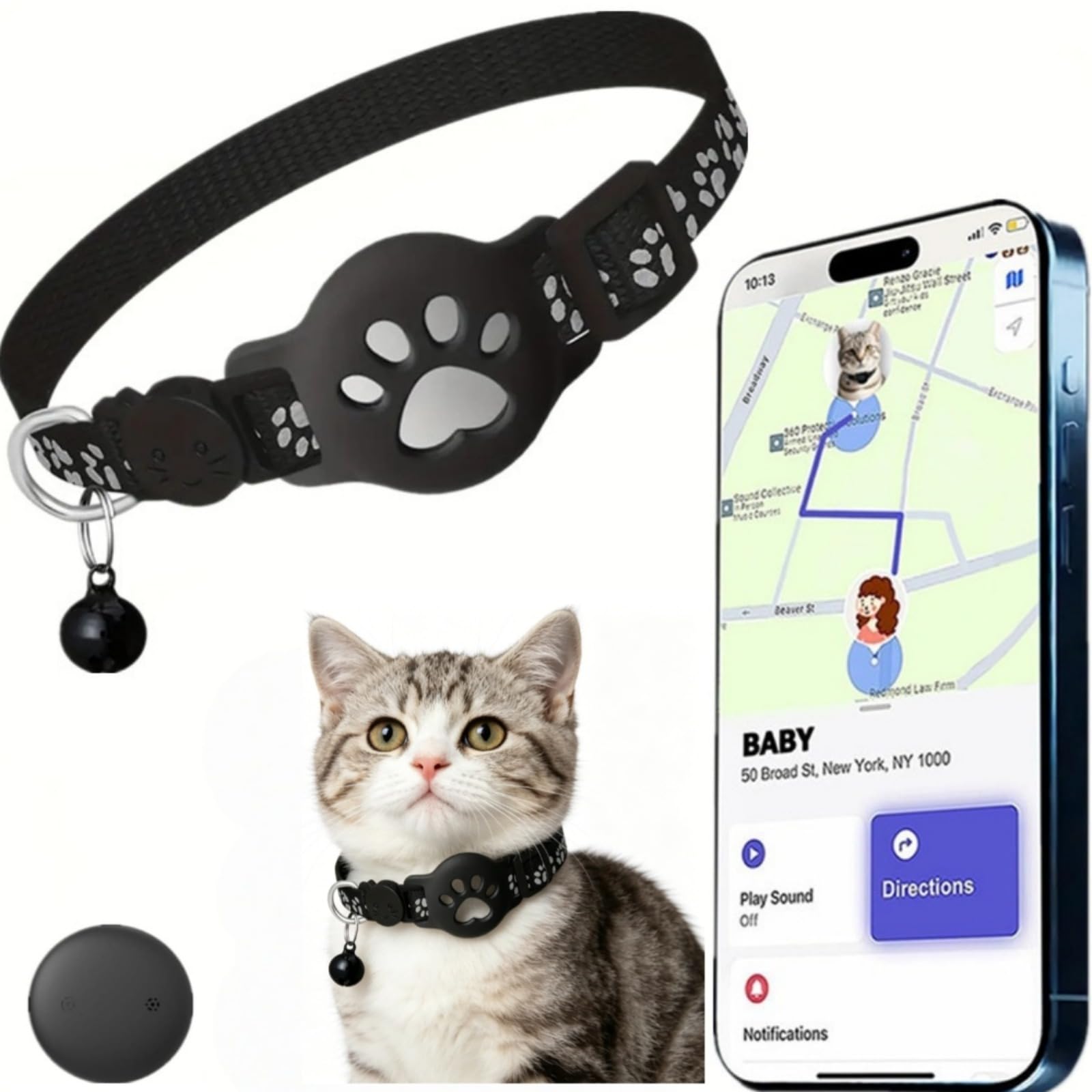 Collier GPS Chat,Traceur GPS Chat Tracker,Traceur GPS sans Carte sim,Bande réfléchissante, imperméable et résistante, avec Clochette,Convient Aussi Bien aux Chats qu'aux Chiens