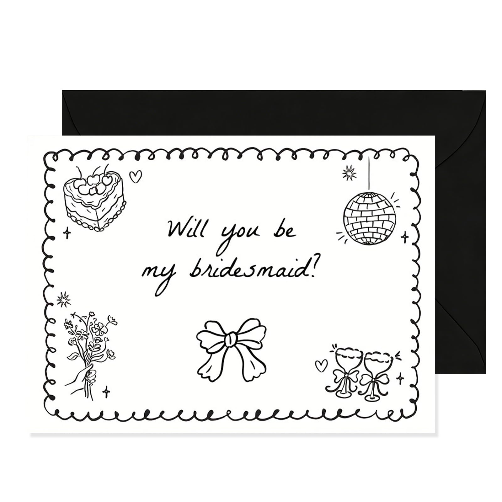 4Pcs Will You Be My Bridesmaid Card, White Bridesmaid Card with Black Envelope, Elegant Wedding Cards, Wedding Decorations for Bridal Shower Party Supplies