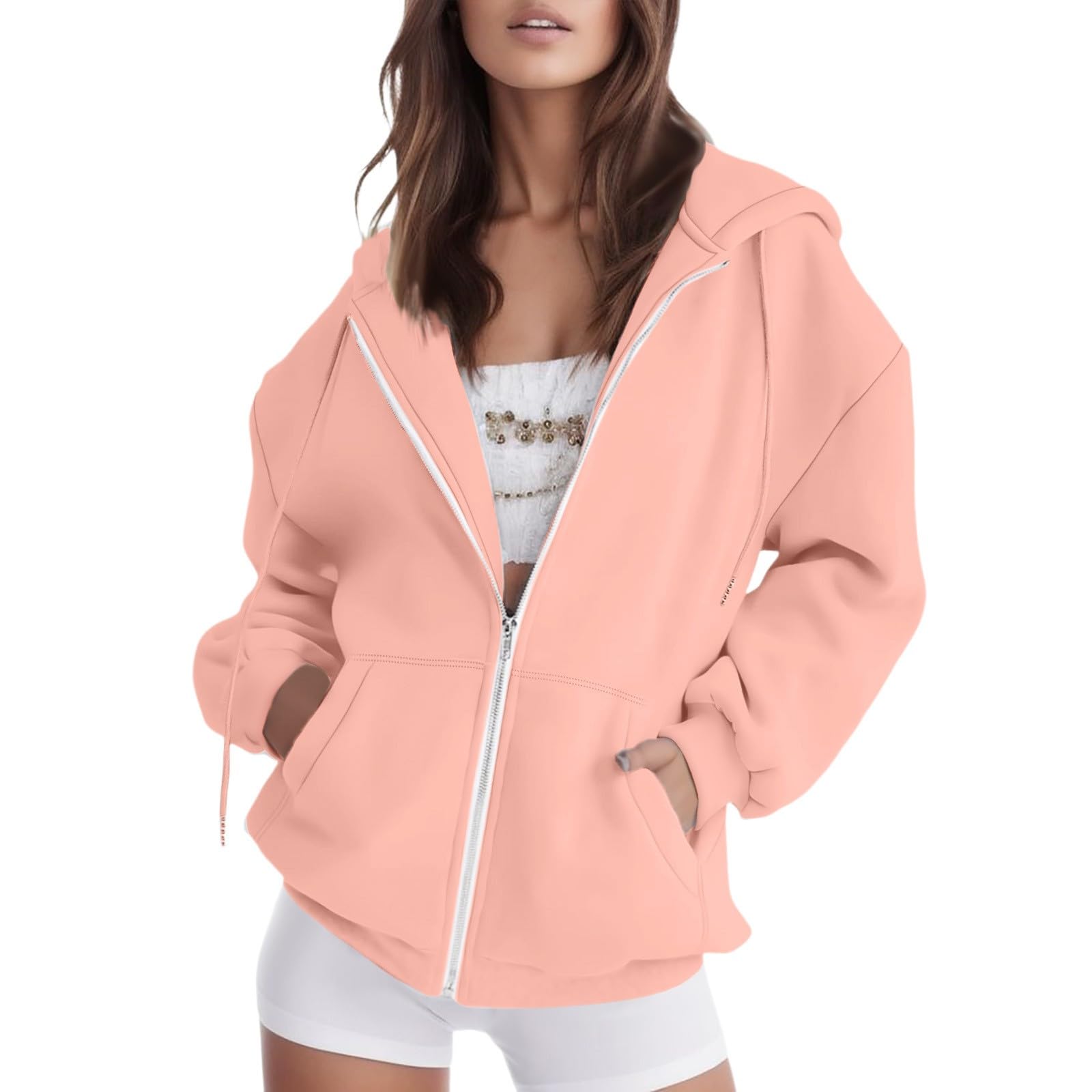 Women Teen Girls Hoodies Fall Long Sleeve Jacket Cute Zip up Hoodie Oversized Y2k Sweatshirts Pockets