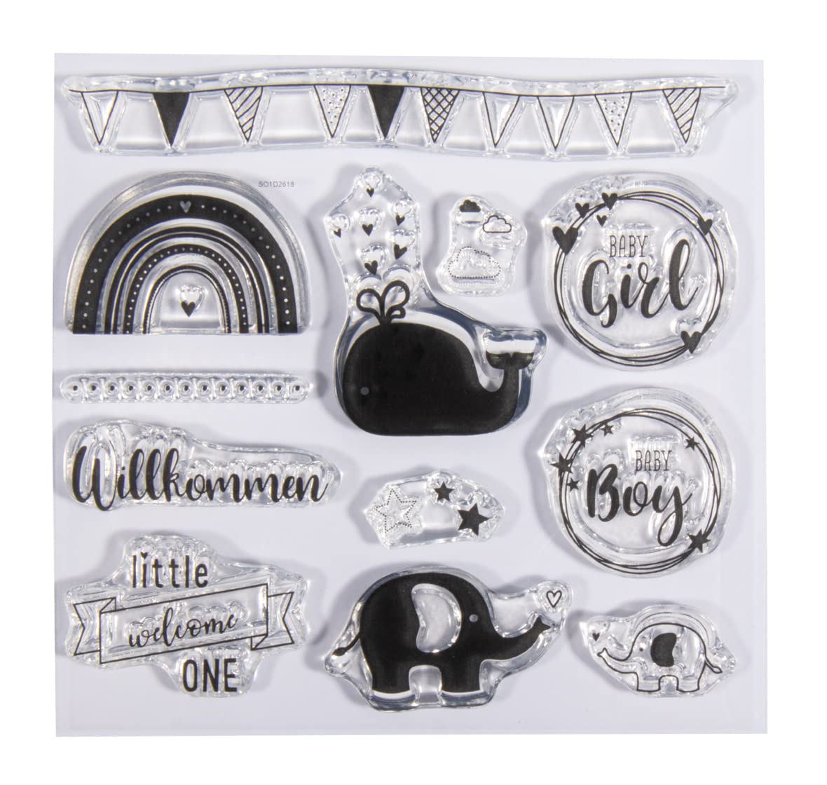 Rayher Set of 12 Clear Silicone Stamps for Card Making and Crafting Stamps with Baby Phrases, Elephant and Rainbow Designs - Image 2