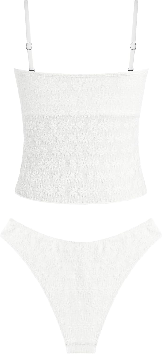 ZAFUL Tankini Swimsuits for Women Tie Front Ruffles Lace Textured High Cut Strapless Two Piece Swimsuit