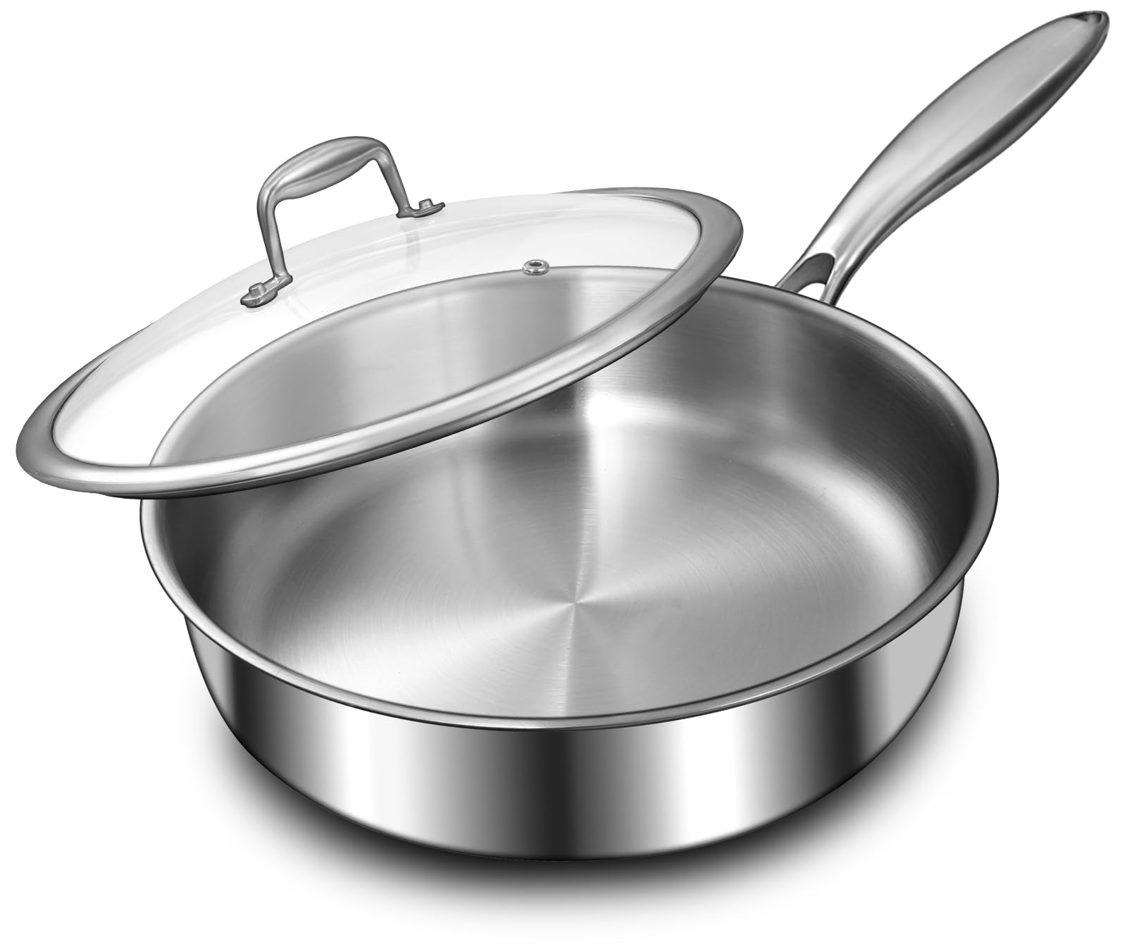 EWFEN 12 Inch Tri-Ply Stainless Steel Frying Pan Deep Frying Pan with lids Compatible with All Cooktops Up