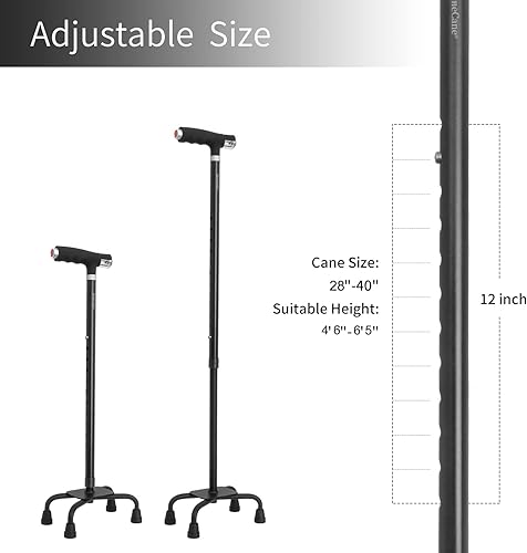 Miniatura 5 de BeneCane Bastón cuádruple con dos luces LED con base grande y mango en T ligero y ajustable, cuatro puntas, resistente para hombres y mujeres (negro