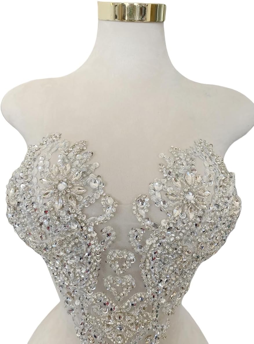 Handmade Silver Glass Rhinestones Bodice lace Applique Hand Sewing Beaded Sequins Trim Patches for Dress Clothes Skirts Multiple Design Styles Accessories (V)