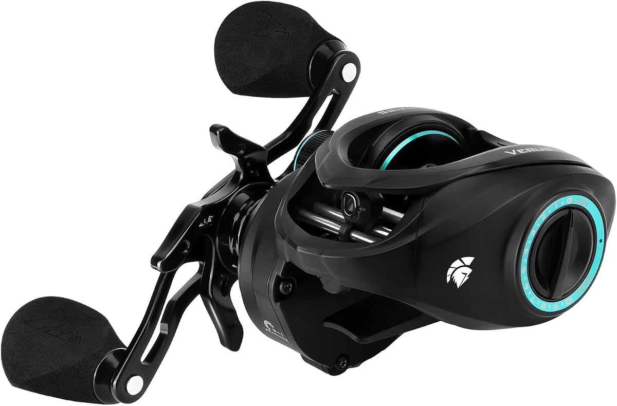 Carretes de pesca Verus Baitcasting con relación de engranaje 8.0:1 | Arrastre máximo: 18.0 lb, 9+1 BB de acero inoxidable blindado, 6.0 oz, engranaje principal de aluminio, sistema de frenos Halo XII, diseño Palm Perfect