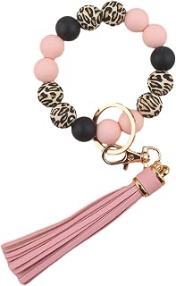 Phamines Leopard Silicone Beaded Wristlet Keychain - PU Tassel Bracelet Keyring for Women, 6 Colors, Hands-Free Comfort