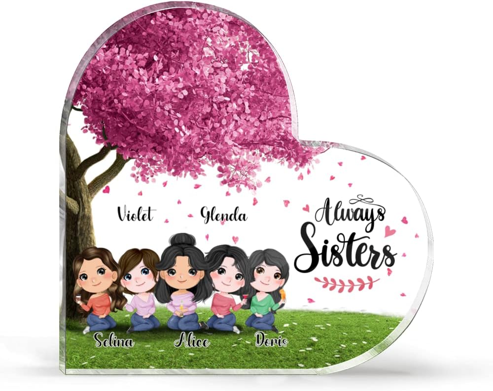 Gossby Custom Heart-shaped Best Friend Acrylic Plaque - Personalized Friendship Gift with Design, Name - Birthday, Christmas, Long Distance Bestie Gift for Women - Always Sisters - 5 BFFs