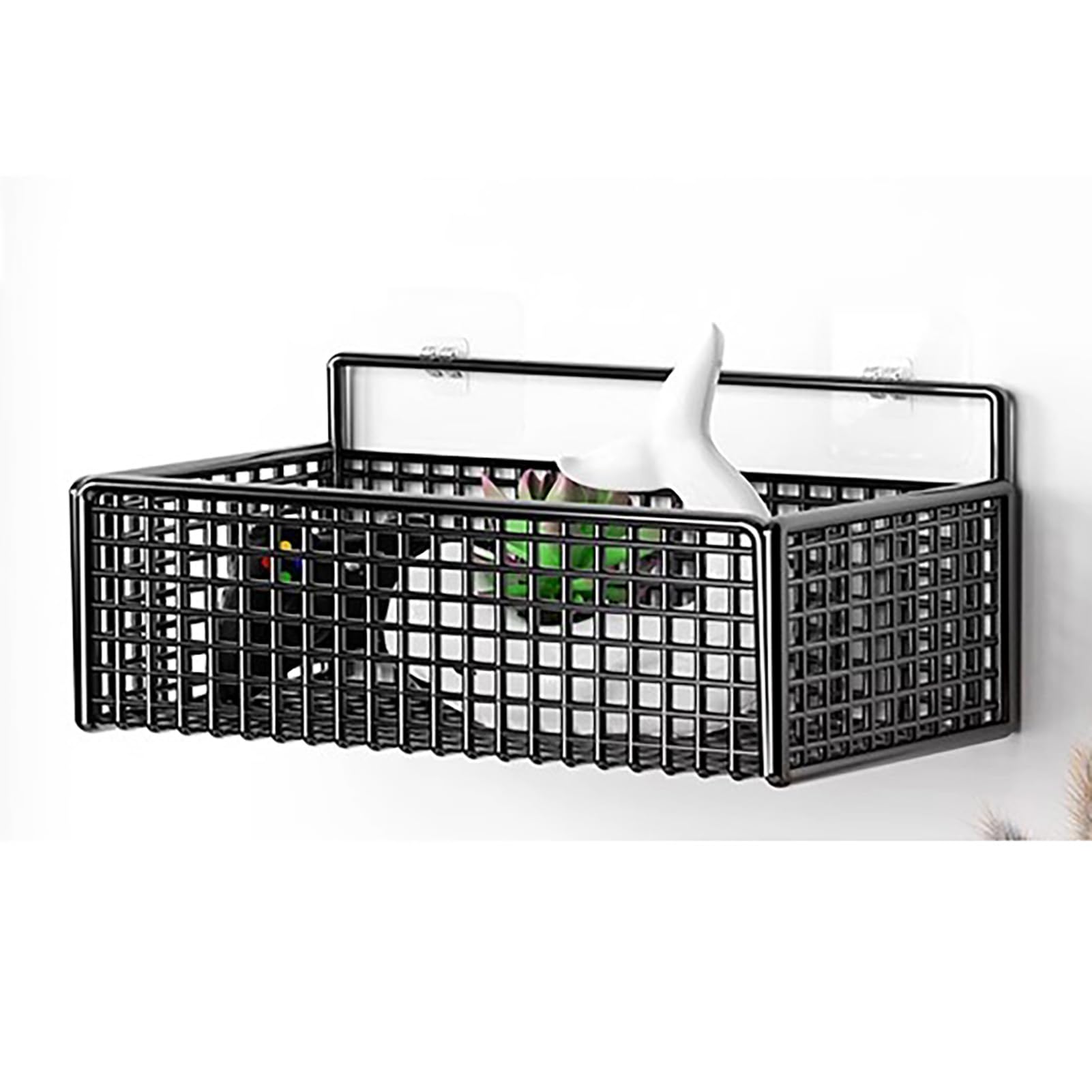 Paquete de 2 cestas de almacenamiento montadas en la pared sin taladros, organizador colgante de metal negro para cocina, baño, cestas de malla multifuncionales que ahorran espacio,