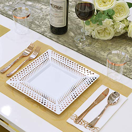 175Pcs Disposable Dinnerware Set For Party, White Square Plastic Plates With Rose Gold Dots, Include 25 Dinner Plates,25 Dessert Plates,25 Forks,25 Knives,25 Spoons,25 Cups,25 Napkins #TOP2