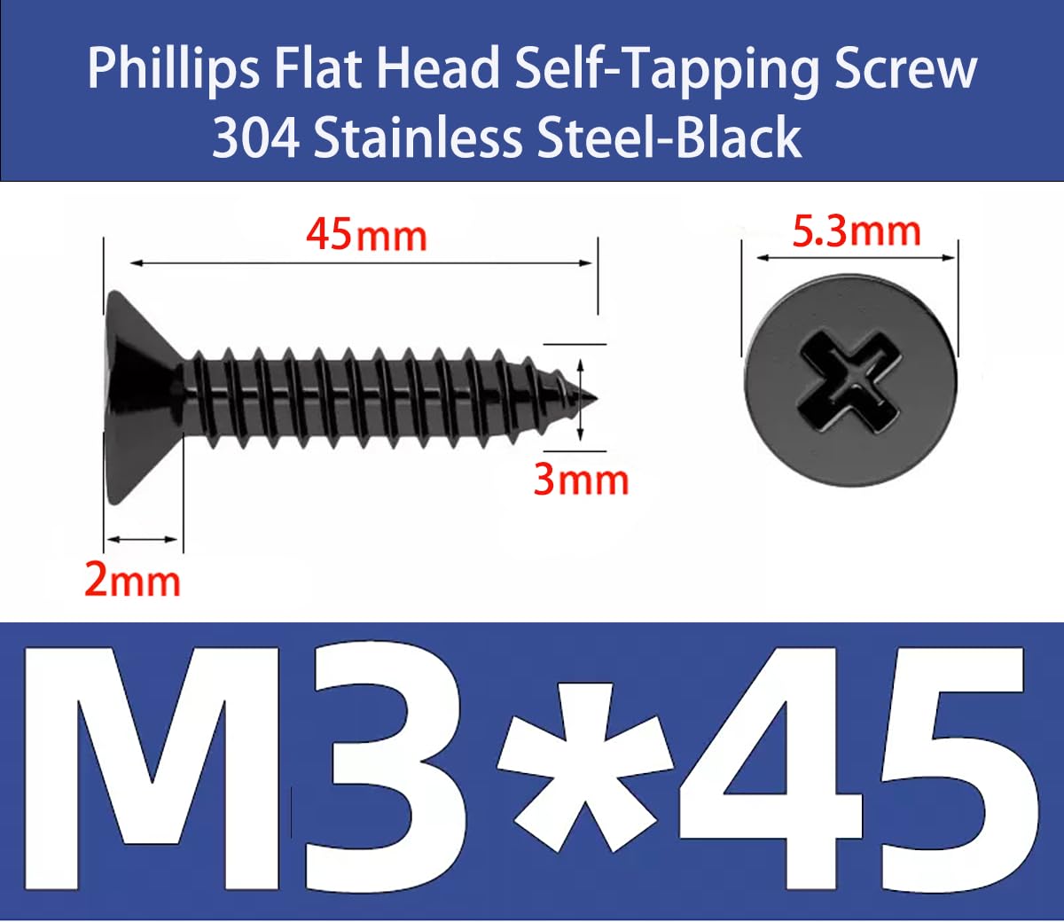 EBAIJQUO M3x45mm Phillips Flat Head Wood Screws Black Xylan Coated 304 Stainless Steel Self-Tapping Screws Full Thread for Wood/Sheet-Metal/Plasterboard(50pcs) - Image 2