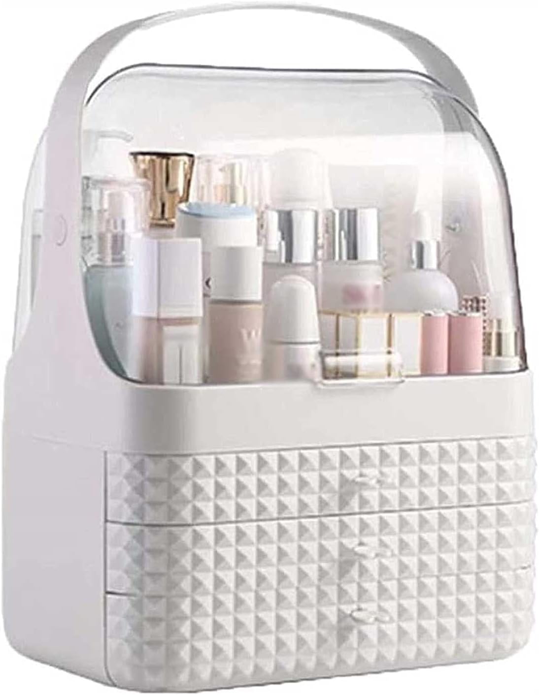 Makeup Organizer Cosmetic Storage Box Holder with Dust Free Cover Portable Handle,Fully Open Waterproof Lid, Dust Proof Drawers,Great for Bathroom Countertop Bedroom Dresser High Capacity