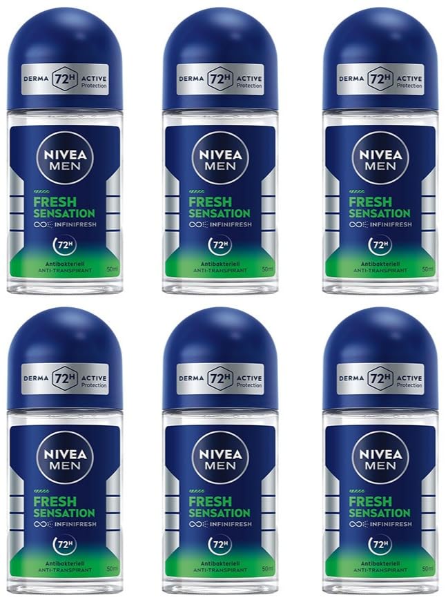6x NIVEA MEN Fresh Sensation Deo Roll-On Antitranspirant für 72h Schutz gegen Schweiß und Geruch Deodorant mit antibakterieller Wirkung und verführerischem Duft,ohne Ethylalkohol,50ml (6er Pack)