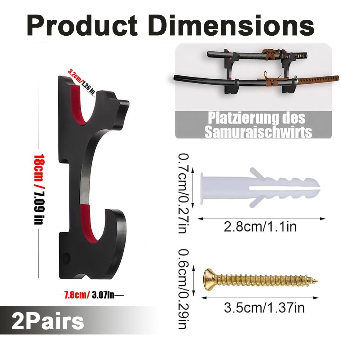 Supporto da Parete in Legno a Doppio Scomparto per Spade, Interno Imbottito in Velluto Rosso, Ideale per Katana, Spade Laser, Spade Samurai e Altre Spade