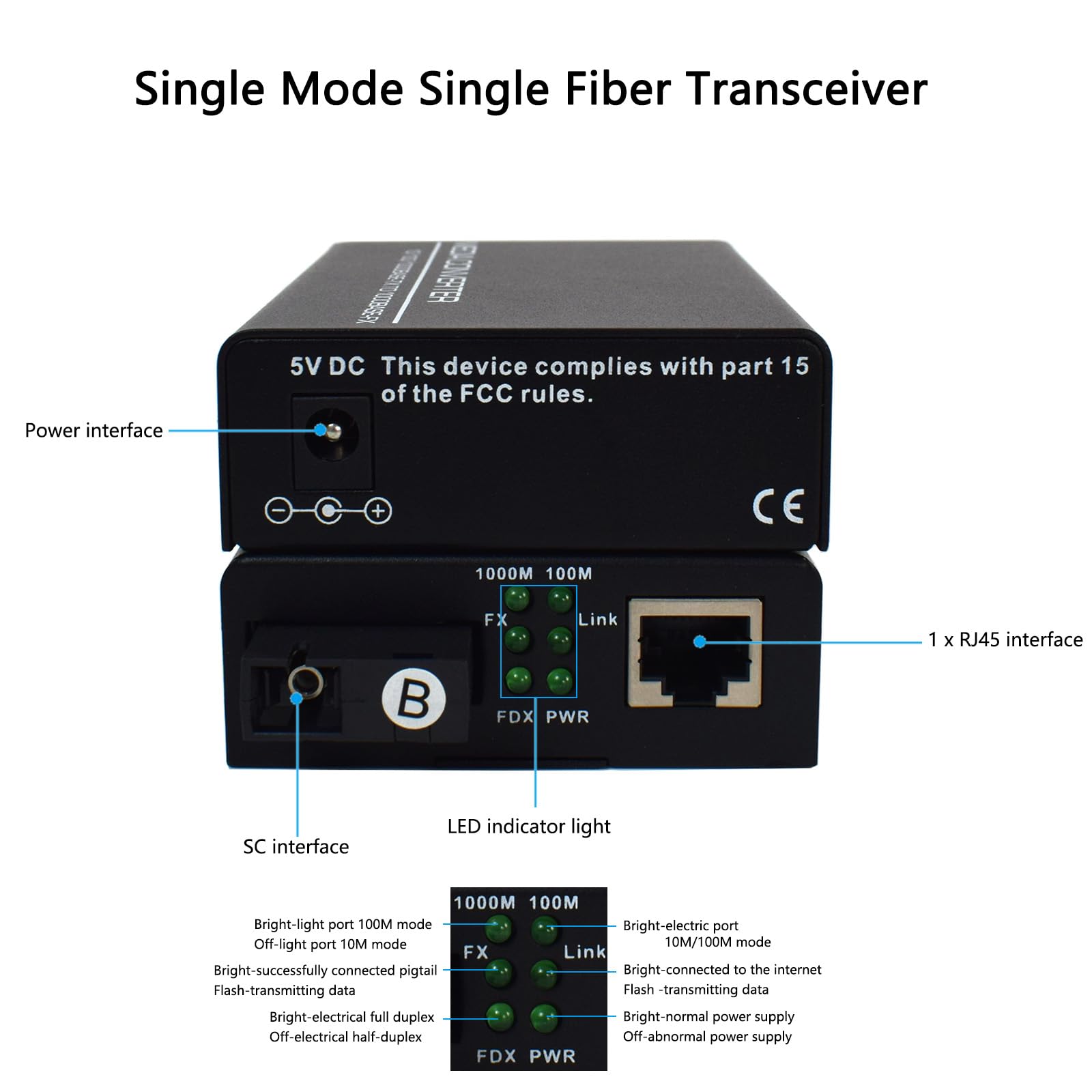 Convertidor de Medios Ethernet Gigabit Convertidor de Fibra Monomodo de 10/100/1000 Mbps Conversor de Medios de Fibra con Un Solo Puerto RJ45, SC, Fuente de Alimentación Externa de 5 V, 2 Paquetes