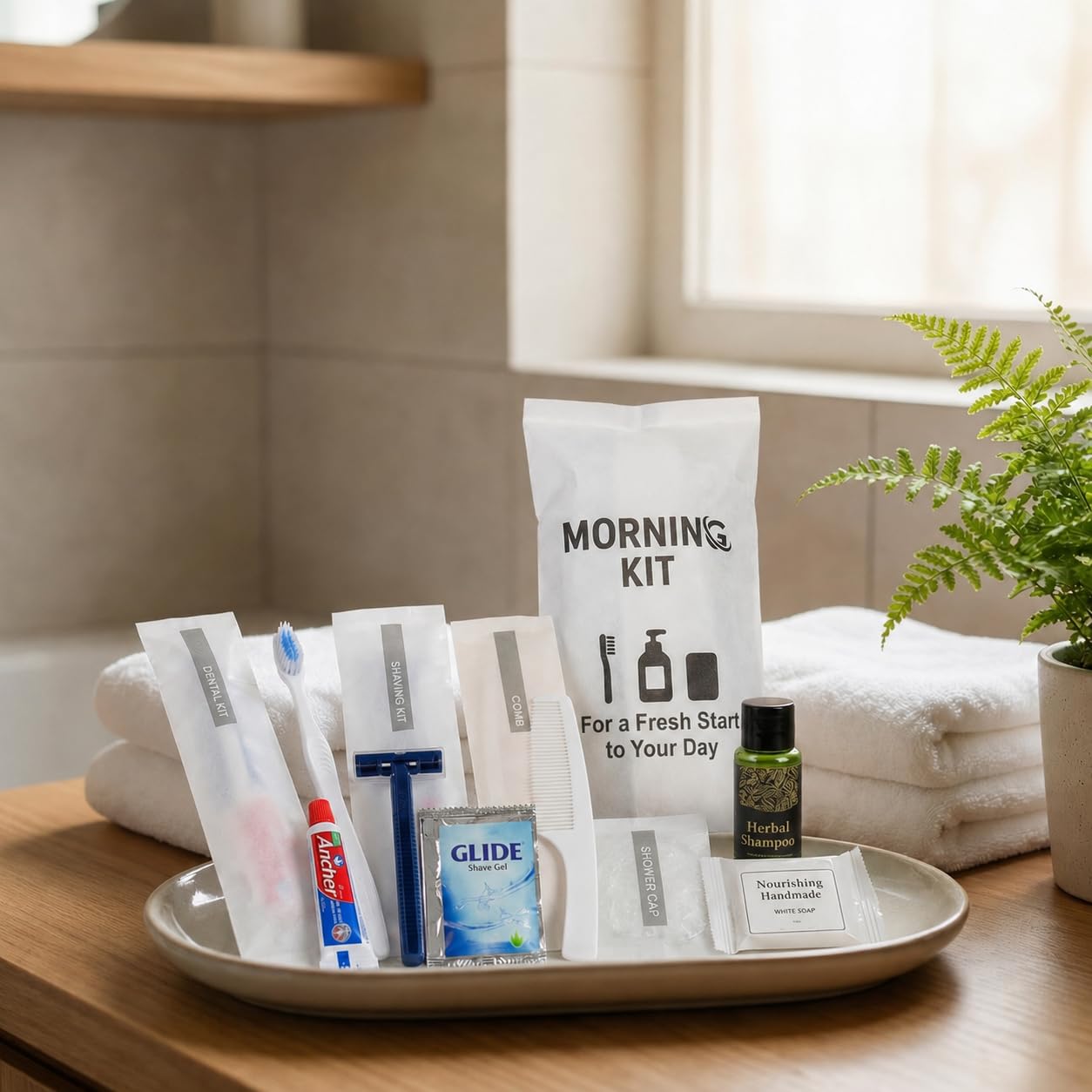 Morning Kit 6 in 1 Hotel Amenity Kit Pack of 50 - Guest Toiletries Set with Shampoo, Dental Kit, Shaving Kit, Comb, Shower Cap and Soap in Butter Paper Pouch for Hotels, Airbnb and Weddings | Shampoo & Soap Included, Dental & Shaving Kit, Comb & Shower Cap, For Hotels & Airbnb, Weddings Use-image-22