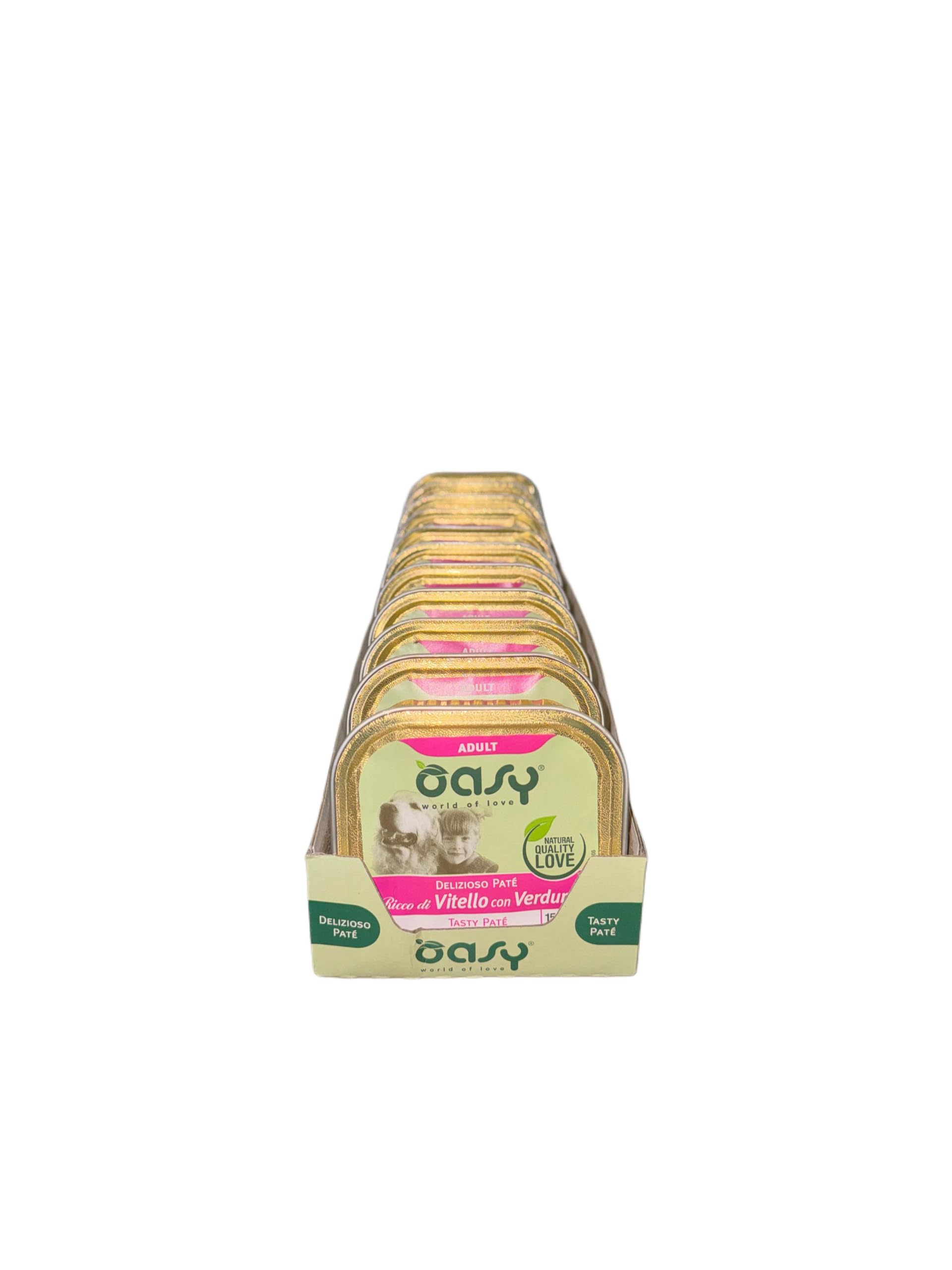 Oasy delizioso patè per cani adulti di tutte le taglie, gusto VITELLO e VERDURE | 11 vaschette da 150 grammi l'una.