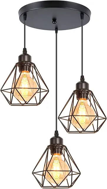 iDEGU 3-Light Industrial Metal Pendant Chandelier - Black Geometric Cage Hanging Lamp