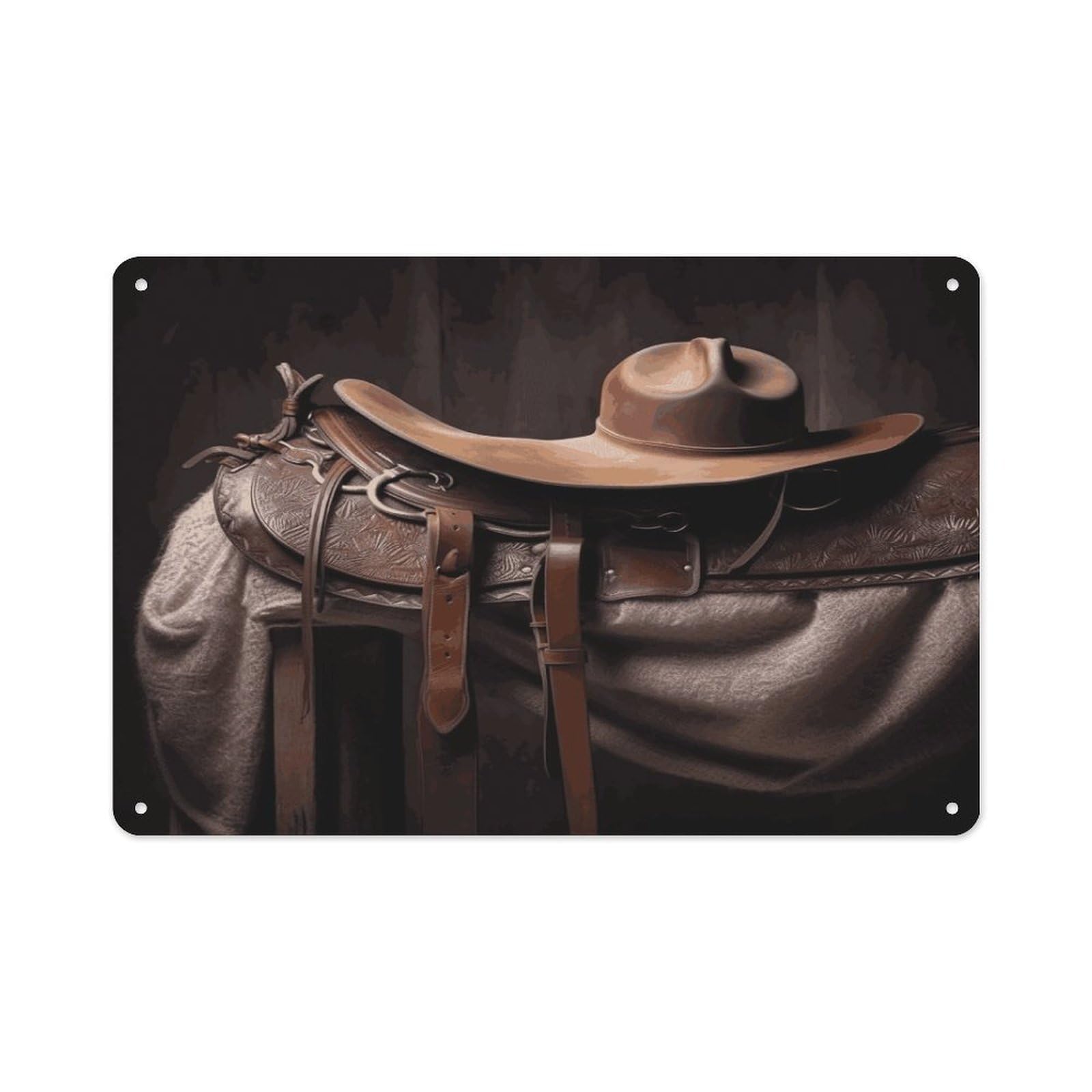 Btcowzrv Style Horse Saddle With A Cowboy Hat Wild Metal Sign 7.9 X 11.8 Inch, Aluminum Sign Wall Art Decor Easy To Install, Decorative Plaque For Home Bar Kitchen Pub Shop Garage