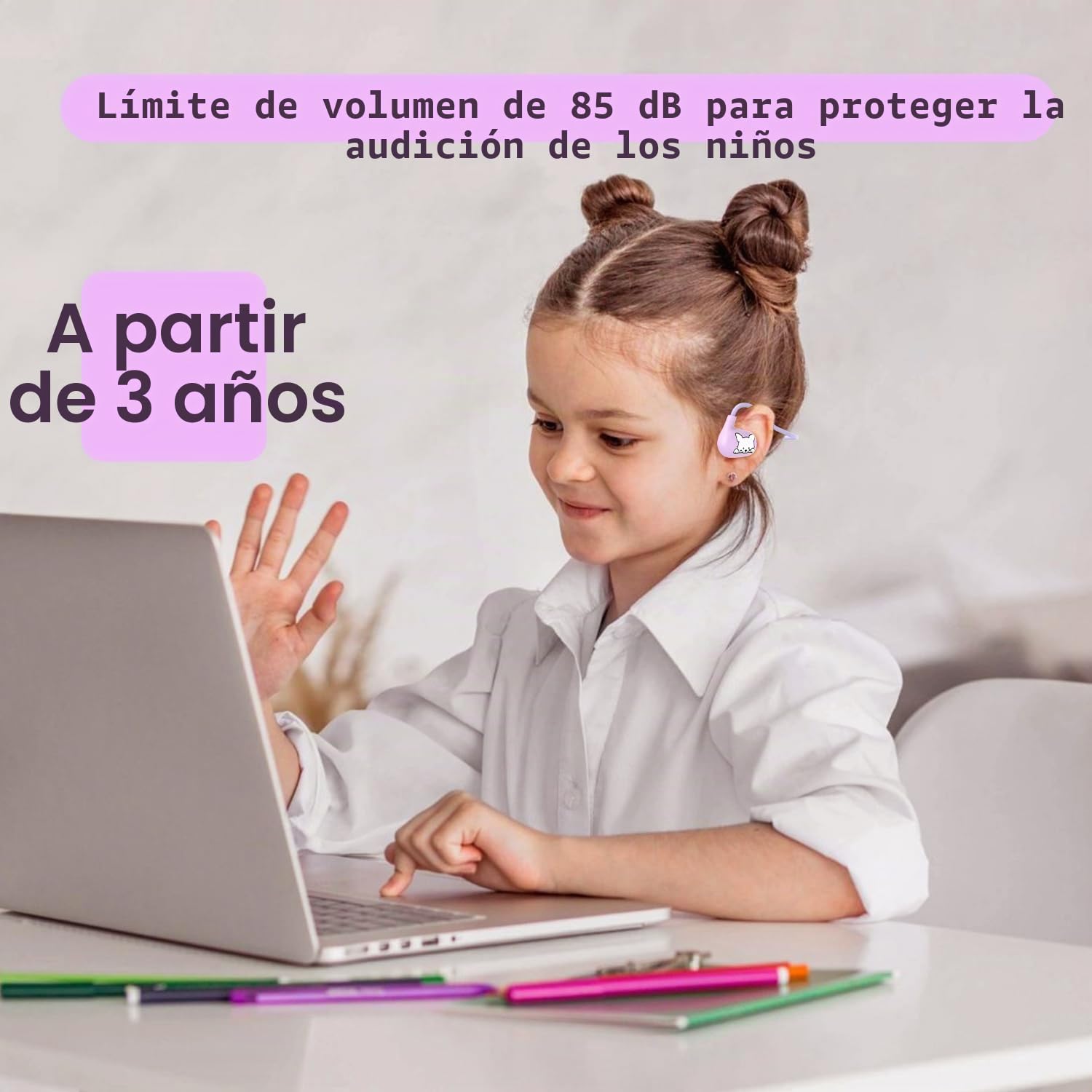 Auriculares para niños, LK15 Auriculares Bluetooth de oreja abierta con conducción de aire, ultraligeros, limitación de volumen de 85 dB, auriculares inalámbricos para niños, adolescentes, niños