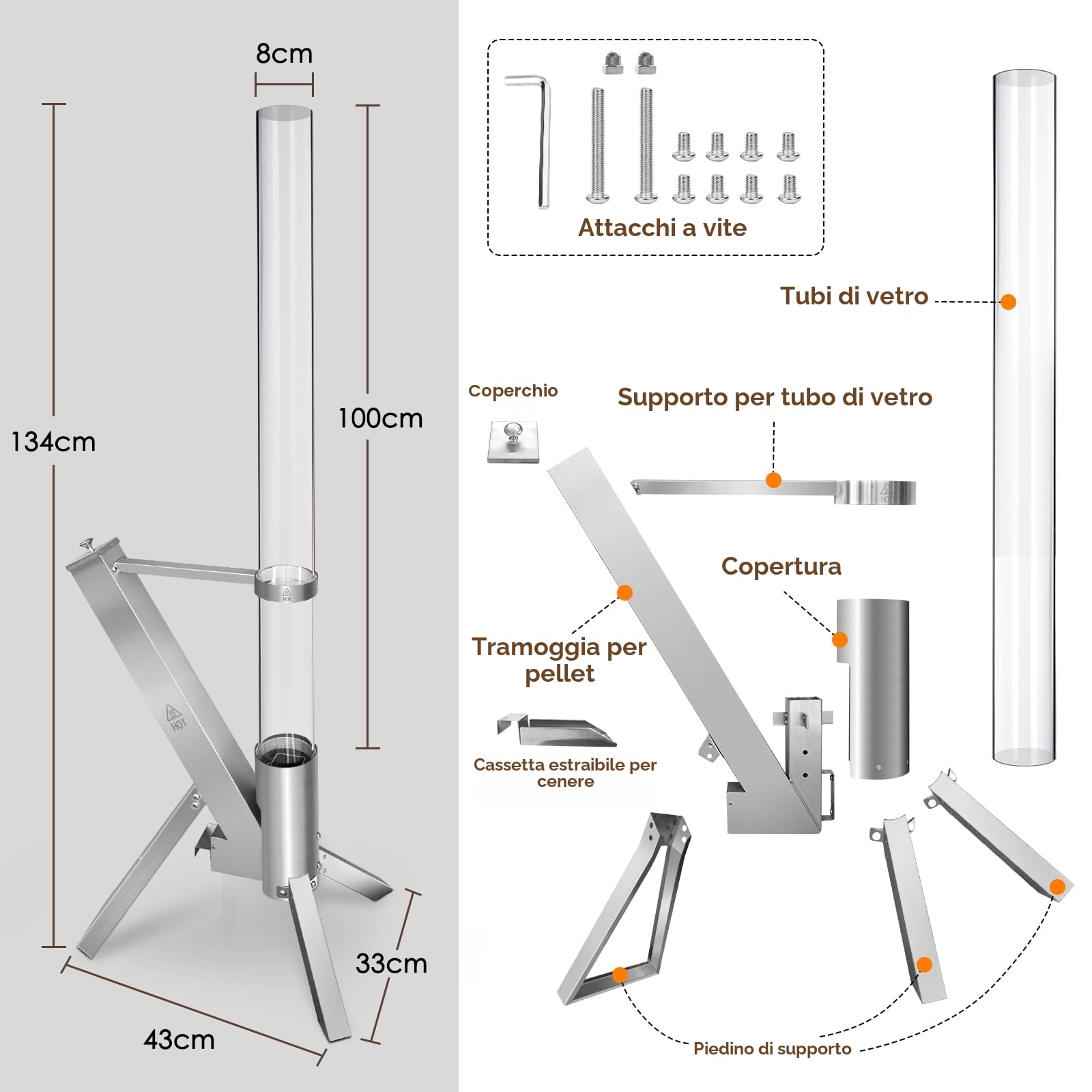 CTSC Outdoor Pellet Heater, Pellet Heater per Patio con tubo di vetro 100 cm, aggiungere spazio luce e ambiente per portico, ponte, giardino e cortile