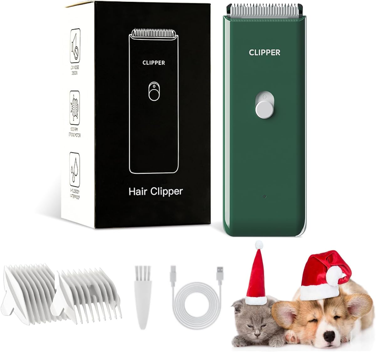 Cortapelos para mascotas profesional, resistente al agua, de bajo ruido, eléctrico, recargable por USB, herramientas de aseo sin dolor, recortador de pelo para perros pequeños y medianos, gatos AP005 verde