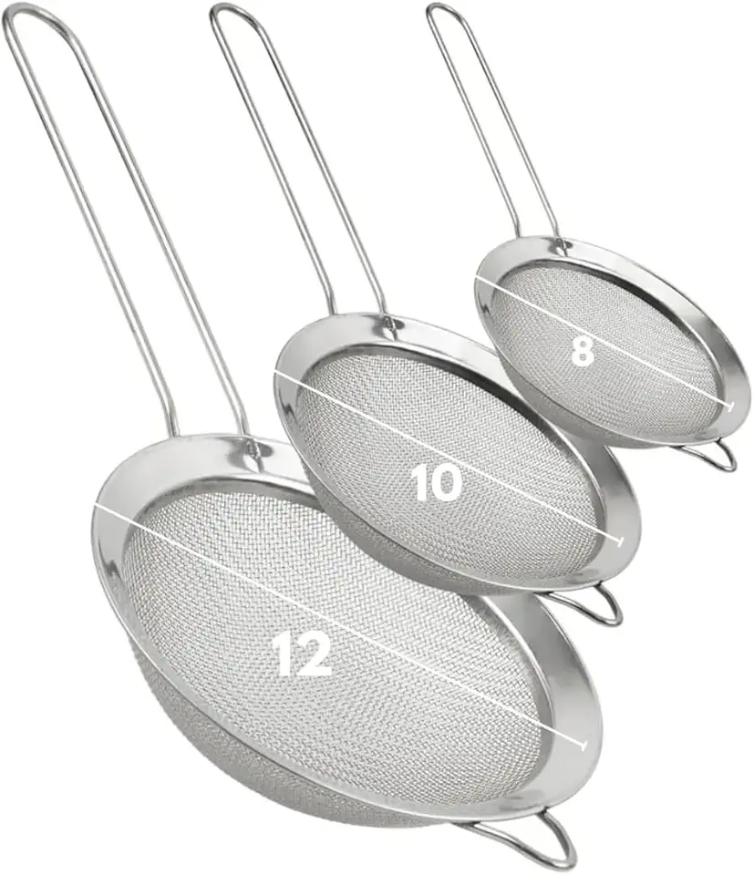 Kit com 3 Peneiras de Cozinha Inox com Alça – Tamanhos 8cm, 10cm e 12cm – Para Coar, Peneirar e Lavar Alimentos com Facilidade - Premium