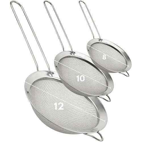 Kit com 3 Peneiras de Cozinha Inox com Alça – Tamanhos 8cm, 10cm e 12cm – Para Coar, Penei...