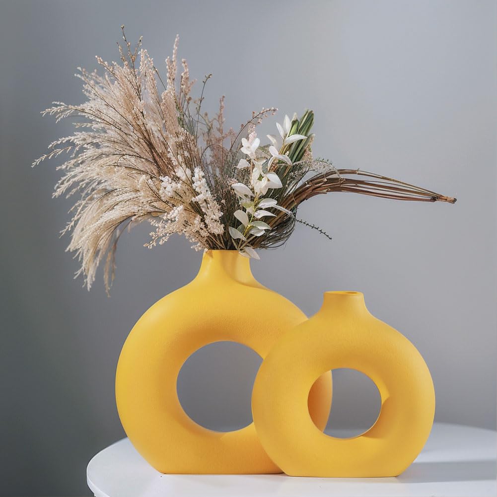 Set di 2 vasi in ceramica gialla, vasi gialli per la decorazione della casa, vasi rotondi bohémien per erba della pampa e fiori, soggiorno, camera da letto, tavolino, camino, fattoria e centrotavola
