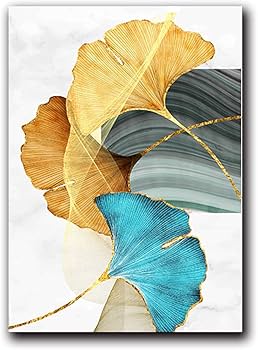 Amazon｜ブルーグリーンイエローゴールド植物の葉抽象ポスター北欧