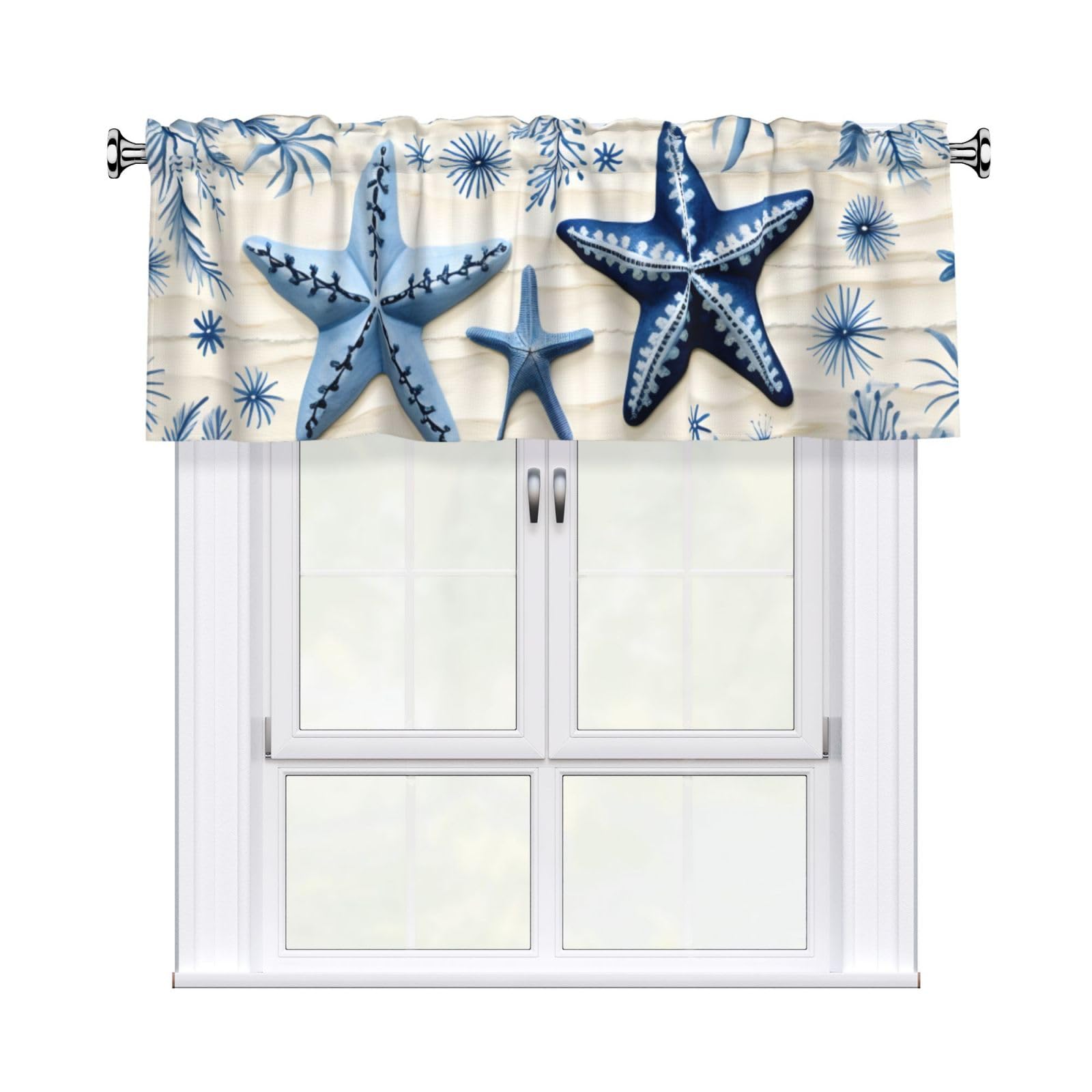Kaifanee 1 Panel Short Curtain Valance 54 x 18 Inch, Blue Starfish Window Treatments Valance Curtains for Kitchen Bathroom Laundry