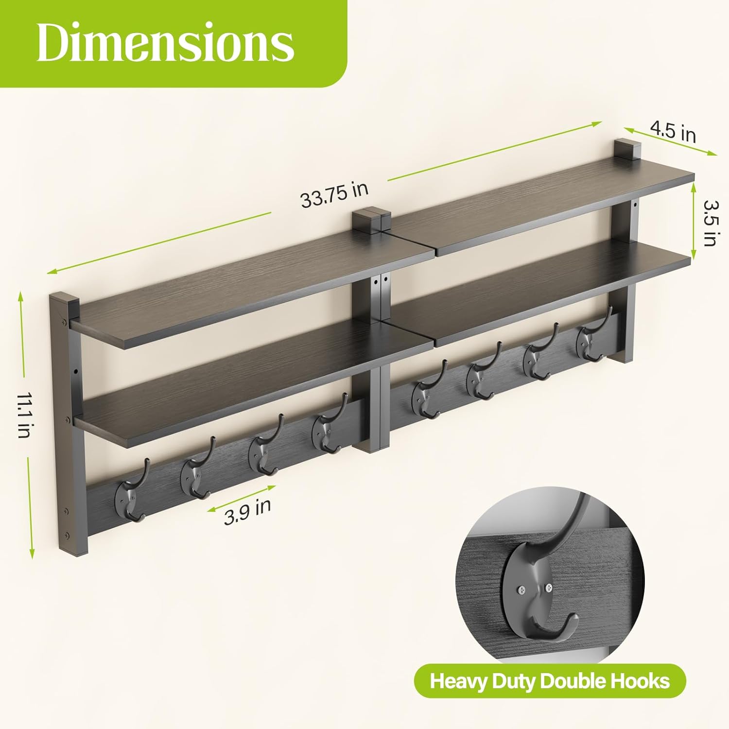 2 Tier Coat Rack Wall Mount with Shelf, 33" Wall Shelf with Hooks, Entryway Key Holder for Wall with 8 Heavy Duty Double Hooks, Coat Hook Wall Mounted for Bedroom, Living Room, Black