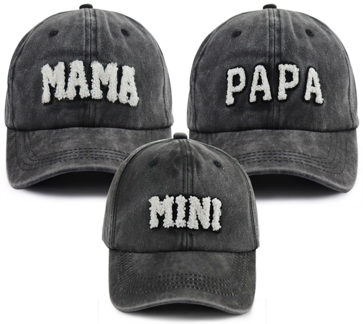 ChttohipMama Papa and Mini Hats, Adjustable Cotton Embroidered Parent-Child Baseball Caps, Set of 3 Matching Family Hats