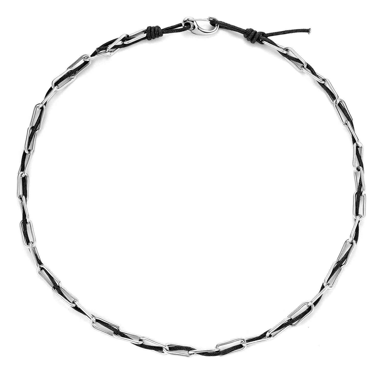 BIYONGDE Mens Paperclip Link Chain and Cotton String Necklace, Stainless Steel Chain interwoven with Navy Blue Cotton String Choker Necklace