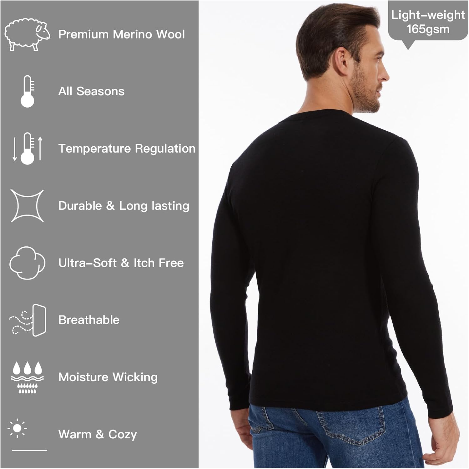 MERINNOVATION Merino Wool Base Layer Mens - 100% Merino Wool Shirts for Men Lite - Midweight Long Sleeve V Neck T-Shirt - Image 2