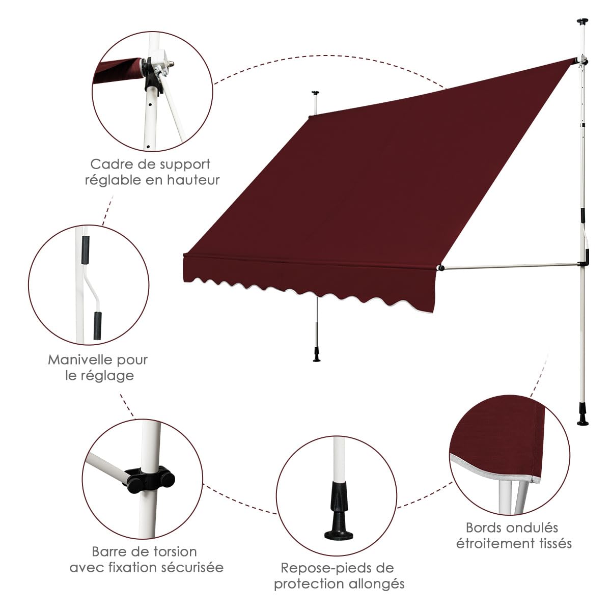 RELAX4LIFE Store Banne Manuel sans Perçage, Auvent Balcon Rétractable avec Manivelle, Tissu Oxford Anti-UV Imperméable, Hauteur Réglable 2-3 M, Store Banne pour Porte Fenêtre (Bordeaux,300 X 125 cm)