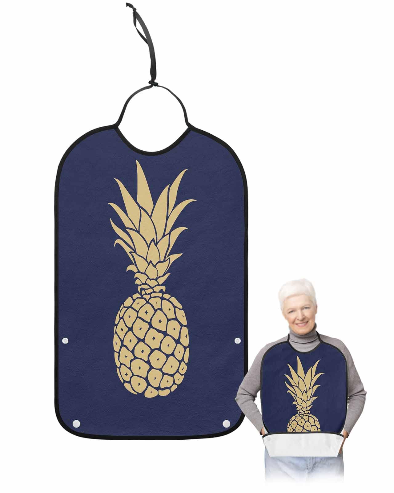 LEOKOTI Yellow Pineapple Adult Bibs for Eating, Waterproof Bibs with Food Catcher & Adjustable Snap Closure, Summer Fruits Navy Blue Washable Clothing Protectors Adult Bibs for Elderly Women/Men