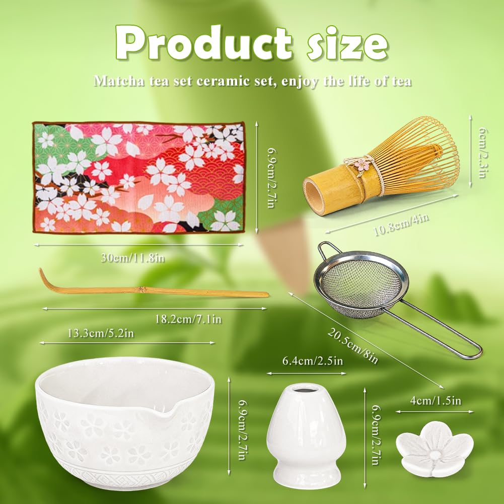 7 Stück Matcha Set, Matcha Besen Set, Matcha Besen und Besenhalter, Matcha Schale mit Auslauf, Sieb, Löffel und Halter, Japanisches Matcha Tee Set für Matcha-Liebhaber (Weiß)