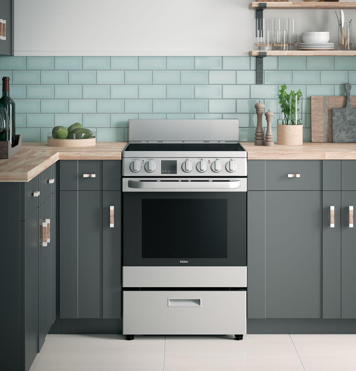 Haier QAS740RMSS 24" Electric Freestanding Range with Convection and Modular Backguard 2.9 cu. ft. Oven Capacity Storage Drawer 4 Element in Stainless Steel