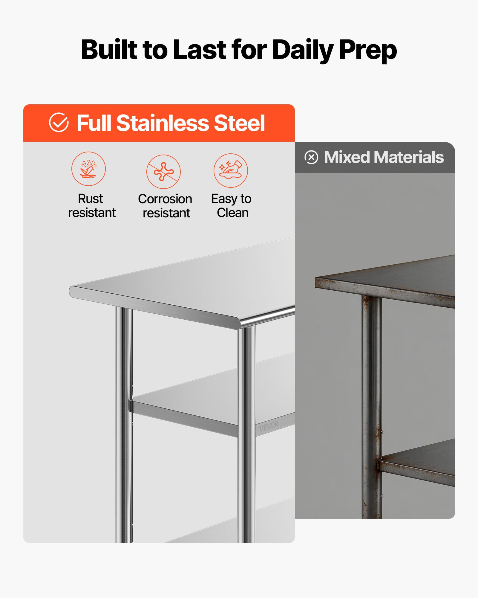 VEVOR Mesa de Preparación de 3 Niveles 121,9 x 61 x 86,4 cm, Mesa de Trabajo de Acero Inoxidable, con Estante Ajustable, Bordes Redondeados, para Restaurantes, Hoteles, Cocinas, Garajes, Exteriores