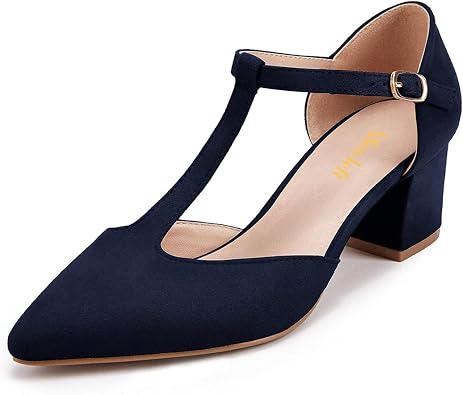 miss left Women Pointed Toe Pumps with T-Strap DOrsay Low Block Chunky Heels Comfy Party Work Dress Shoes Size 4-16 US