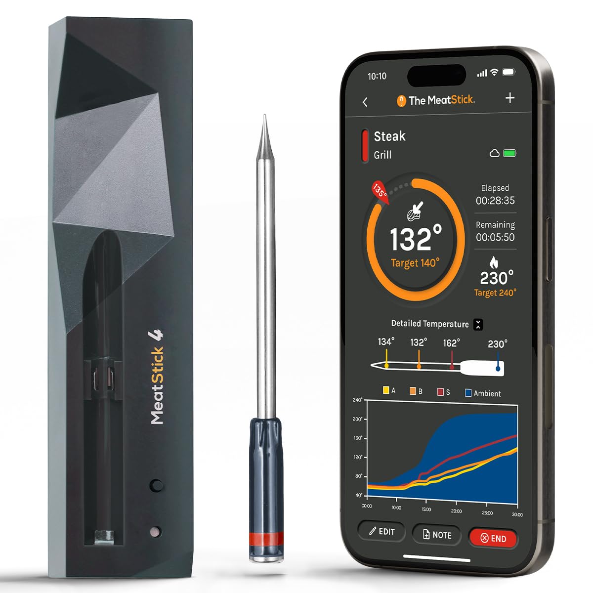 MeatStick 4 – Smart Wireless Meat Probe with 4 Sensors & Limited Range | Bluetooth Thermometer (Up to 165 ft Outdoors; Much Lower in Grill/Oven/Smoker)