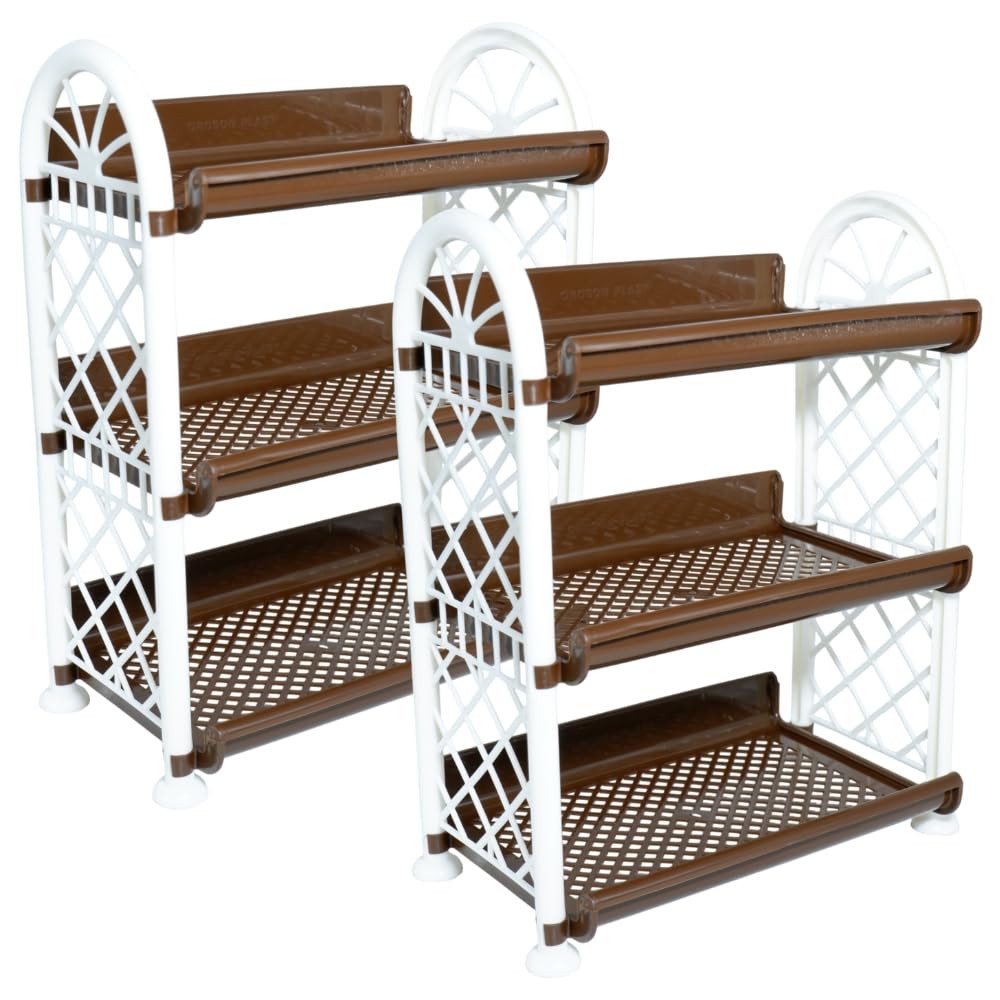 simply home magic 3 tier plastic multipurpose storage organizer-easy to fit, wall hanging durable & lightweight rack for kitchen, bathroom,kids & office - space-saving rack| set of 2 | brown