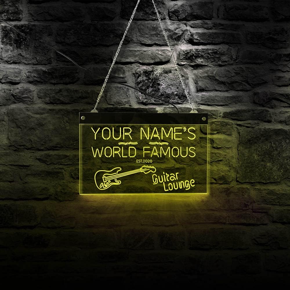 The Geeky Days Personalized Your Name World Famous Guitar Lounge Multi Color LED Luminous Electronic Neon Sign Lamp Music Band Room Man Cave Decorative LED Lighted Neon Sign Board(19.68 x11inches)