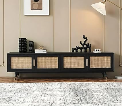 DEMIWALL Wooden Tv Unit for Living Room | Solid Sheesham Wood TV Entertainment for Bedroom | Tv Stand with Storage | Cabinet with 4 Door with Caning Design for Living Room (Black Finish)