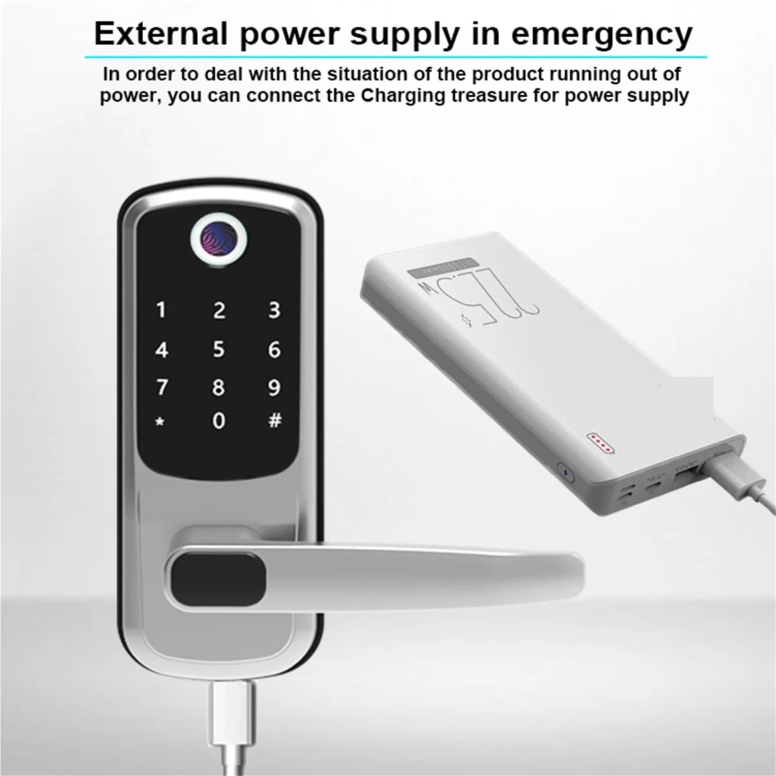 Elektroniczny inteligentny zamek do drzwi z biometrycznym odciskiem palca/hasłem kartą inteligentną odblokowaniem klucza awaryjną ładowarką USB(Nero)