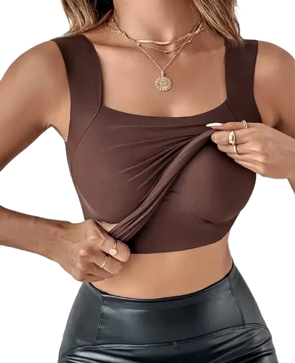 Women's U Neck Thermal Tank Tops with Built-In Bra, High Elastic Seamless Thermal Camisole for Women Shaping Vest