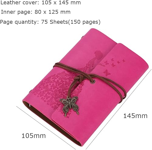 Miniatura 9 de Cuaderno de piel con diseño de mariposa, estilo vintage, recargable, cuaderno de bocetos, encuadernado en espiral, con páginas en blanco sin forro,