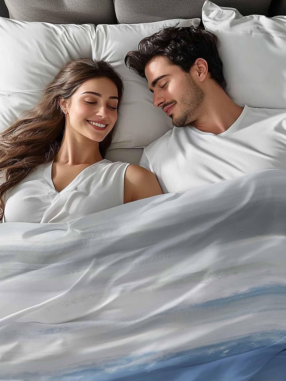 Top Sheet Full Bedding Flat Sheet Only, Blue Gradient Oil Painting Art Microfiber Bed Sheets Soft Breathable Bedding Flat Sheets, Ombre Gray Stripes Hotel Luxury Top Sheets